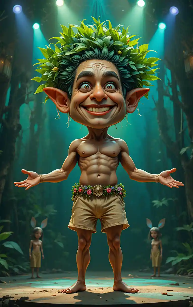 Cartoon fantasy creature on stage in enchanted forest