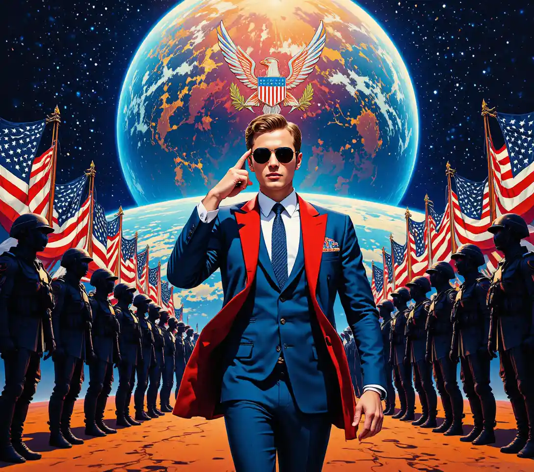 Entschlossener Geschäftsmann schreitet vorwärts in kosmisch-patriotischer Szenerie