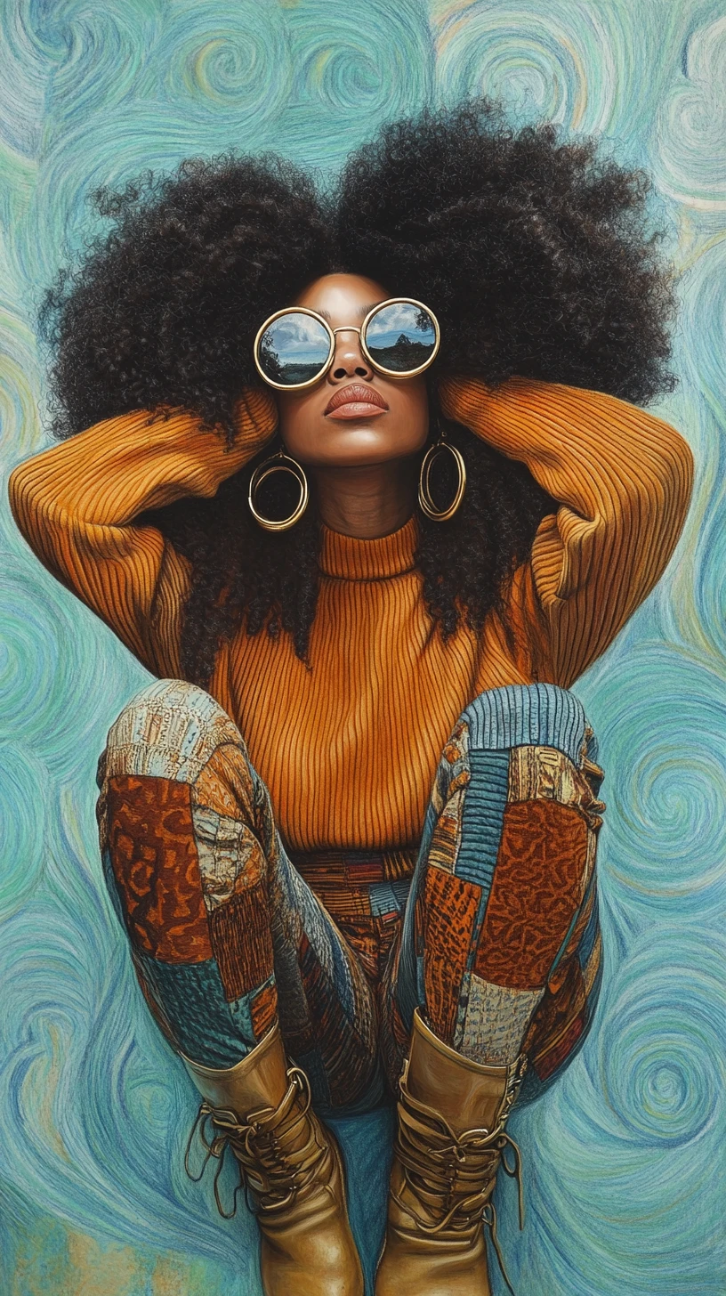 Young woman with afro hair in colorful patchwork outfit