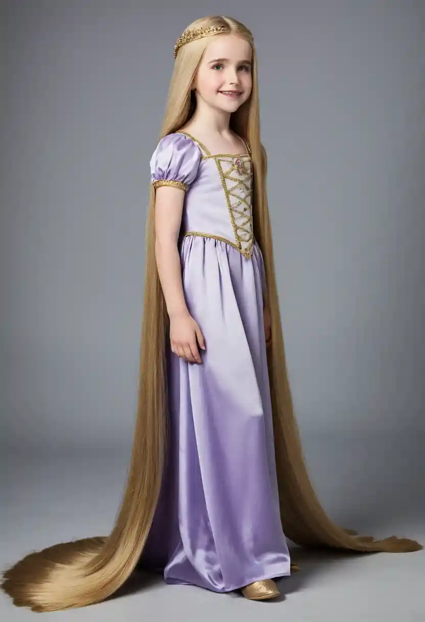 Full body side view of woman with floor length hair