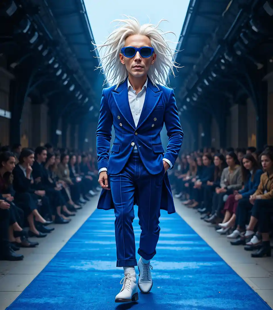 Stylish man in blue velvet suit on fashion runway