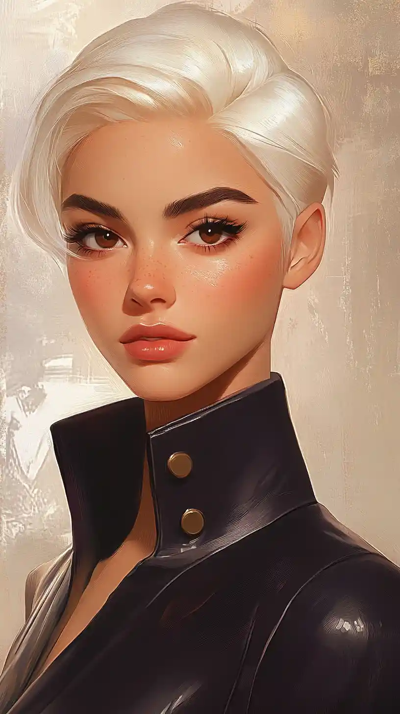 Elegant woman in purple jacket with intense direct gaze