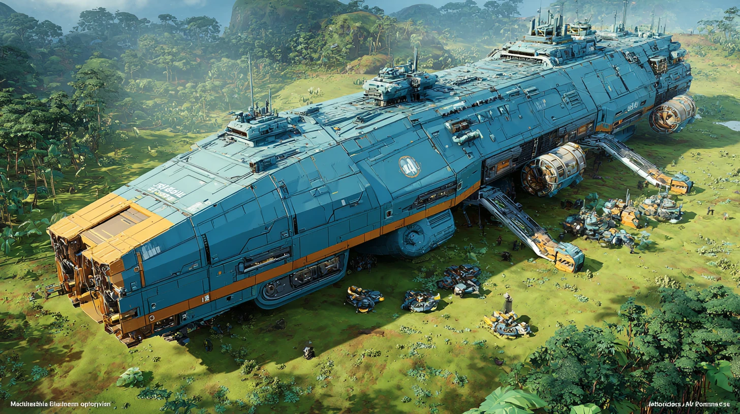 Gigantic modular cargo spaceship landed on alien grassland
