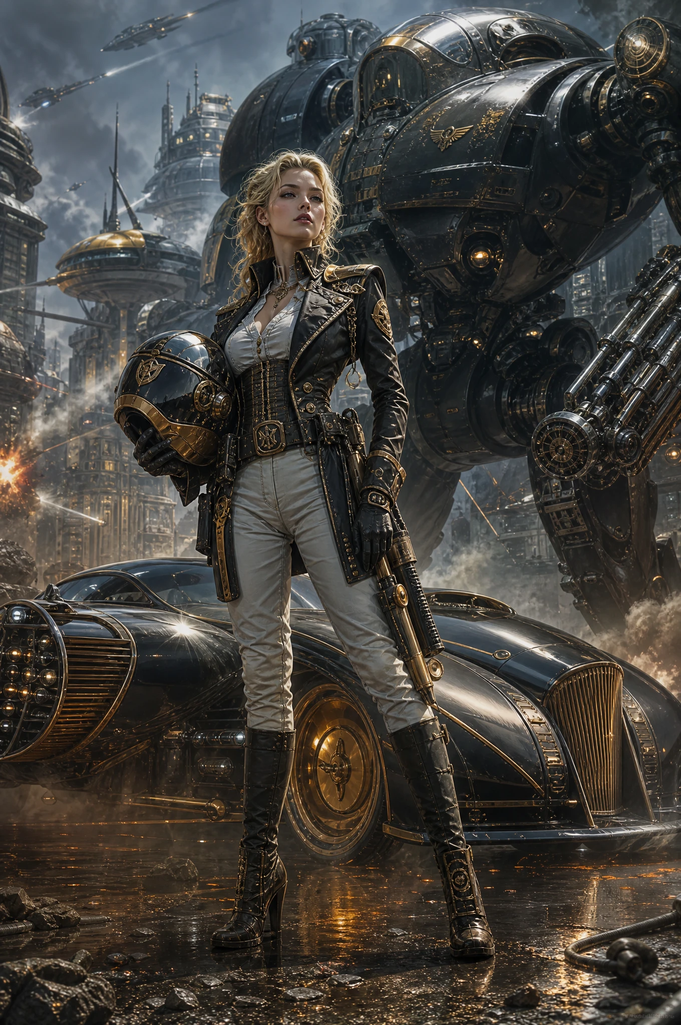 Blonde woman in dieselpunk outfit beside car and robot