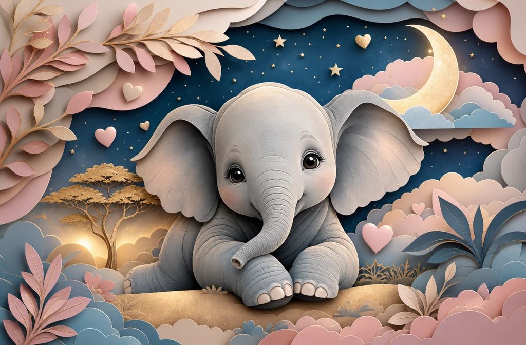 Cute baby elephant paper cut nursery wall illustration