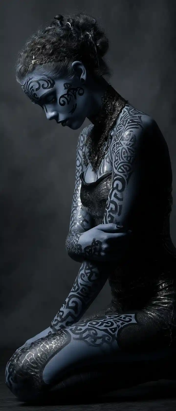 Kneeling blue woman with ornate celtic body painting