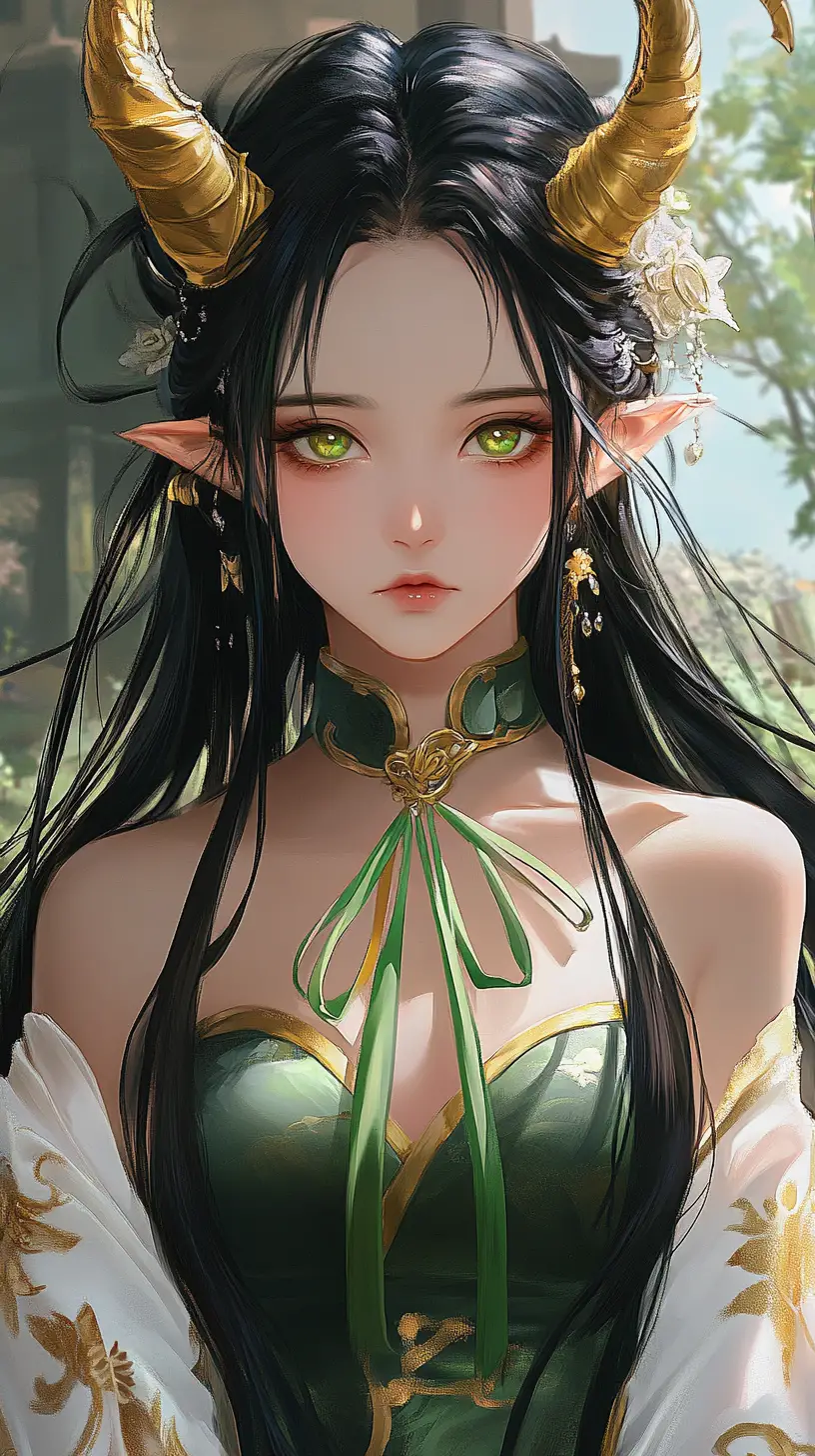 Sad horned girl in a golden green dress at temple