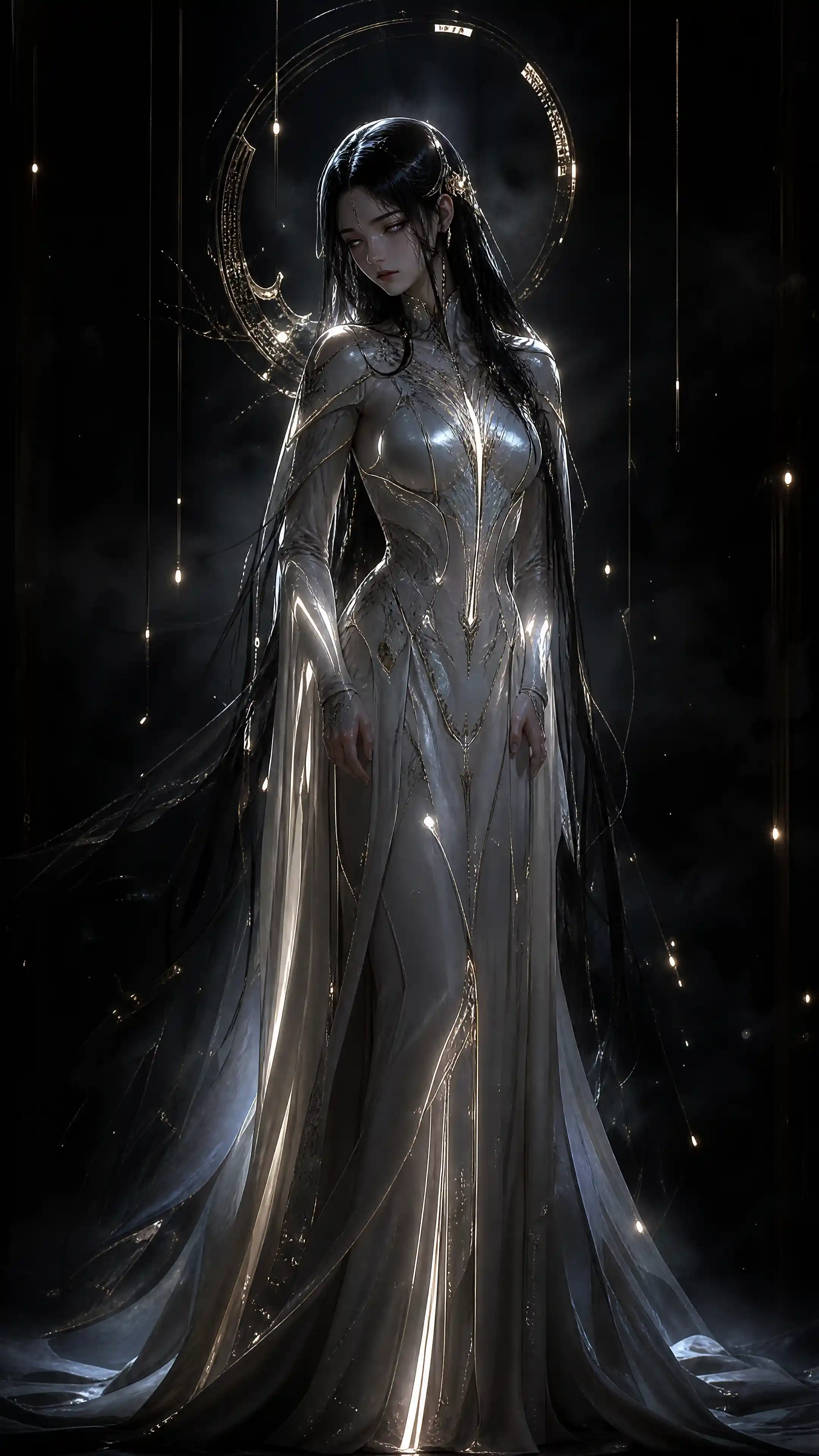 Sad cyber armored beauty with glowing unearthly eyes