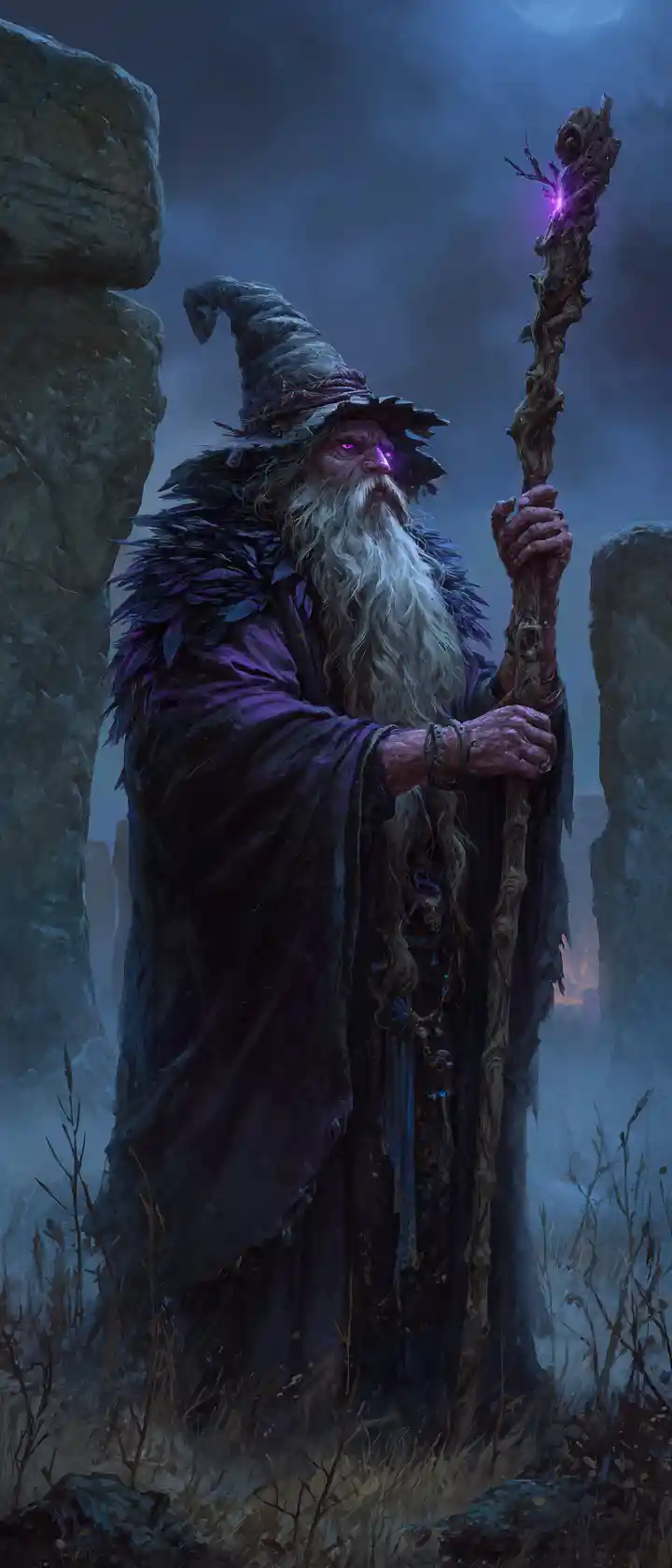 Ominous fantasy wizard with staff in misty stone circle