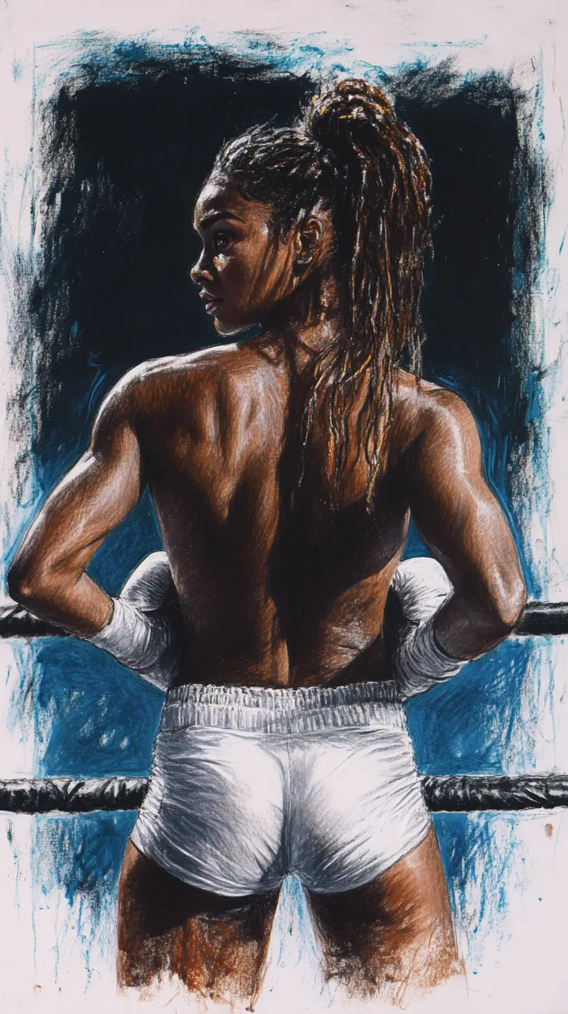 Female boxer resting on the ropes under dramatic spotlight