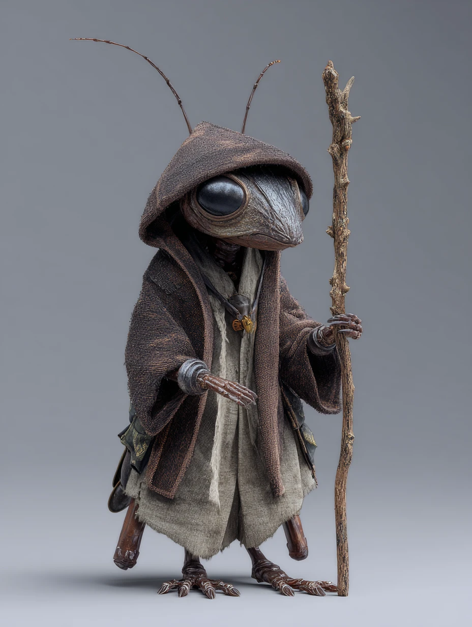 Wise ant humanoid wizard holding a staff in 3D art