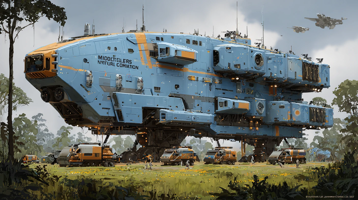 Gigantic modular cargo starship landing on green forest world