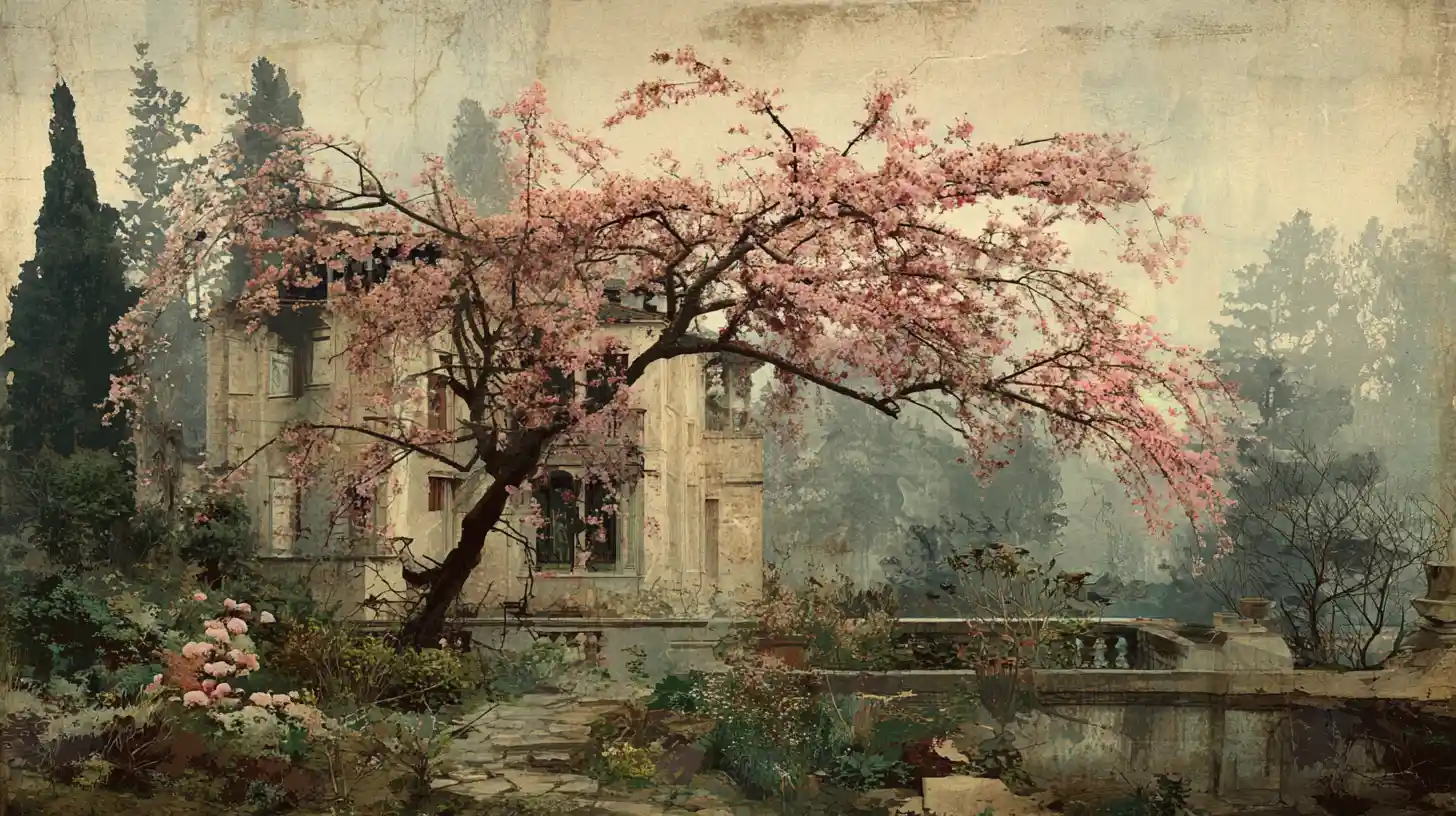 Vintage garden scene with a cherry blossom tree in distress