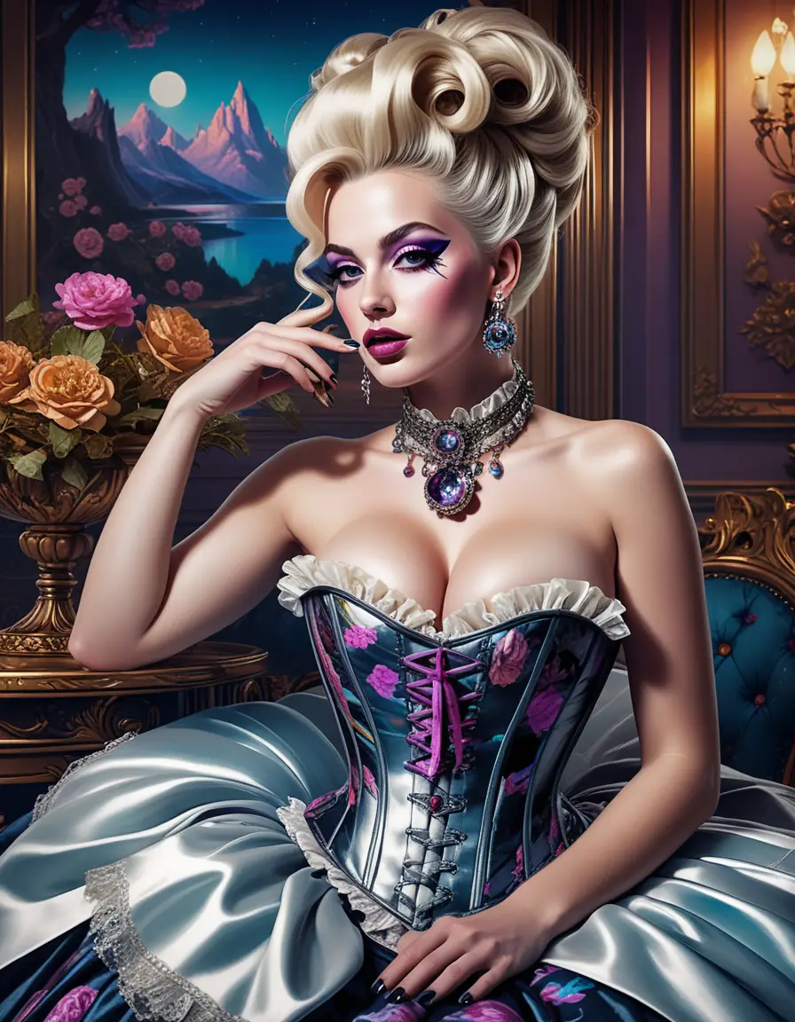 Fantasy courtesan in rococo boudoir with neon mountains