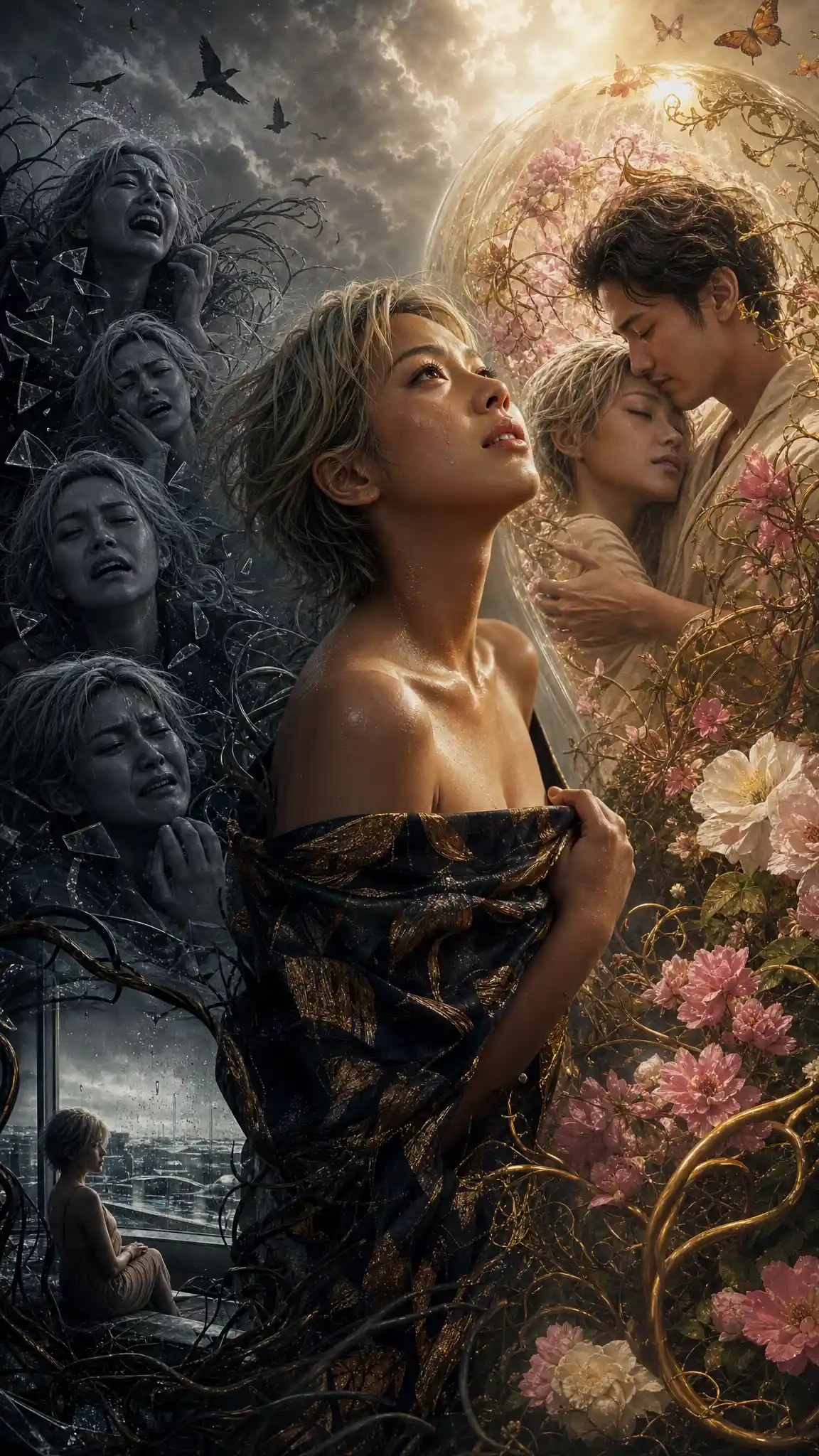 Young woman gazing upward in symbolic fantasy portrait
