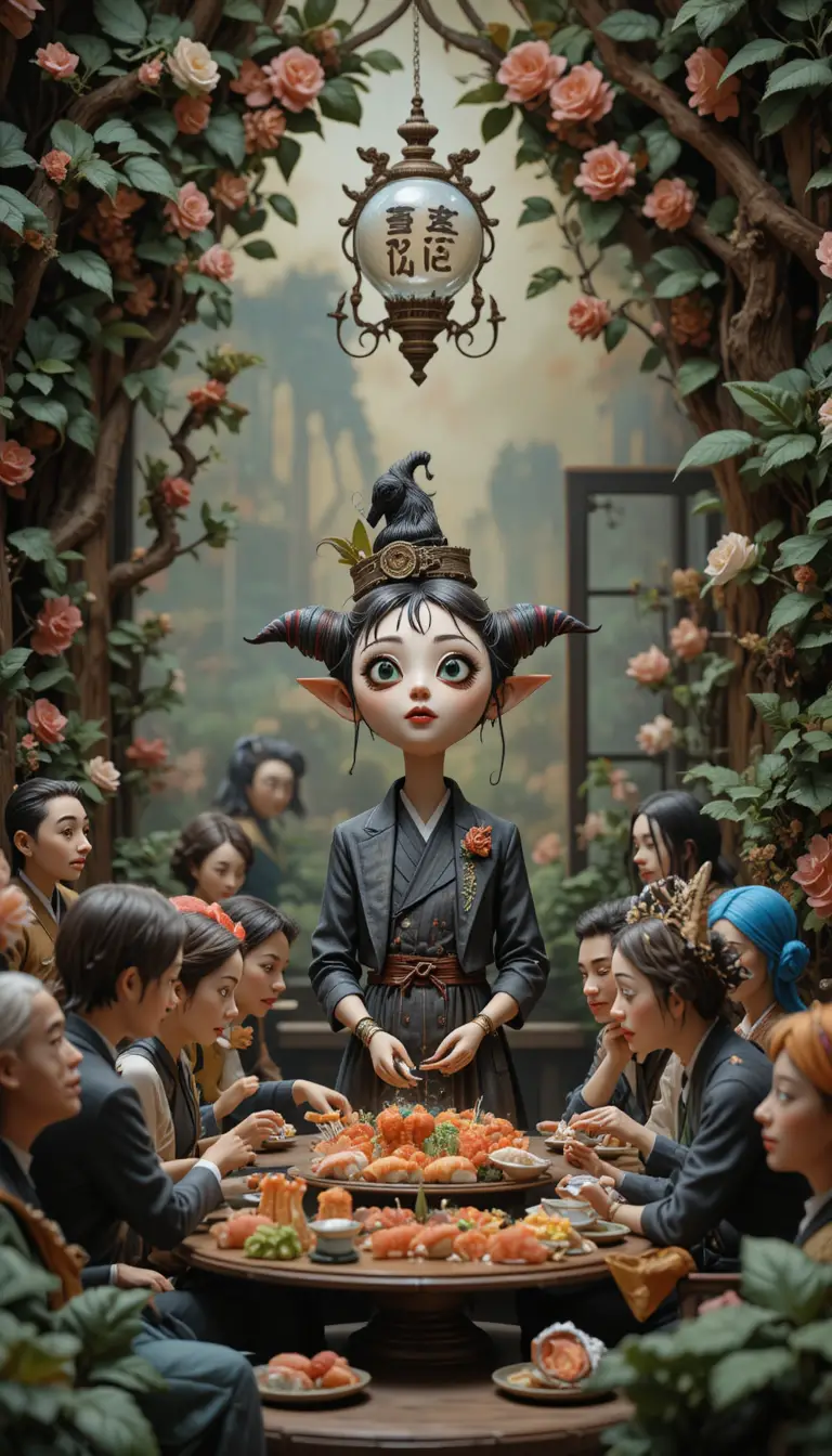 Whimsical clay chefs in a blooming forest restaurant