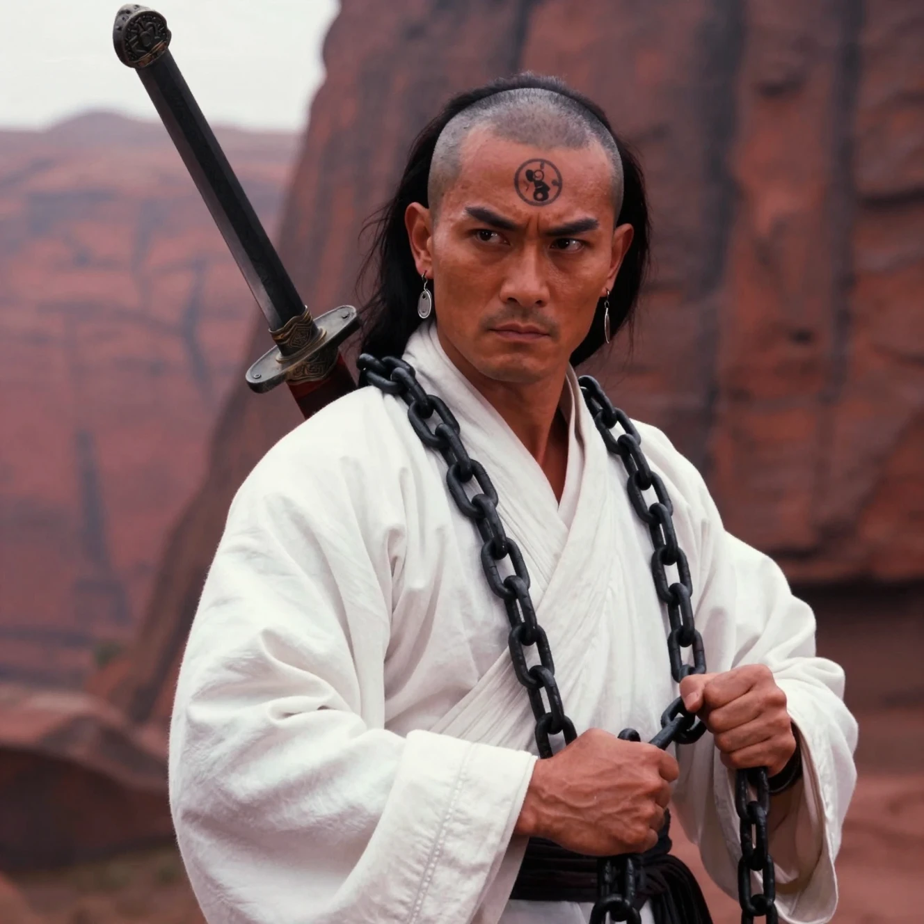 Warrior with chains and sword in misty mountain scene