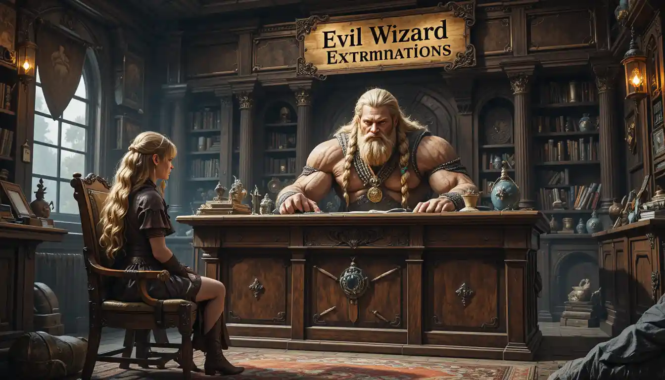 Barbarian warrior at a grand desk in fantasy office