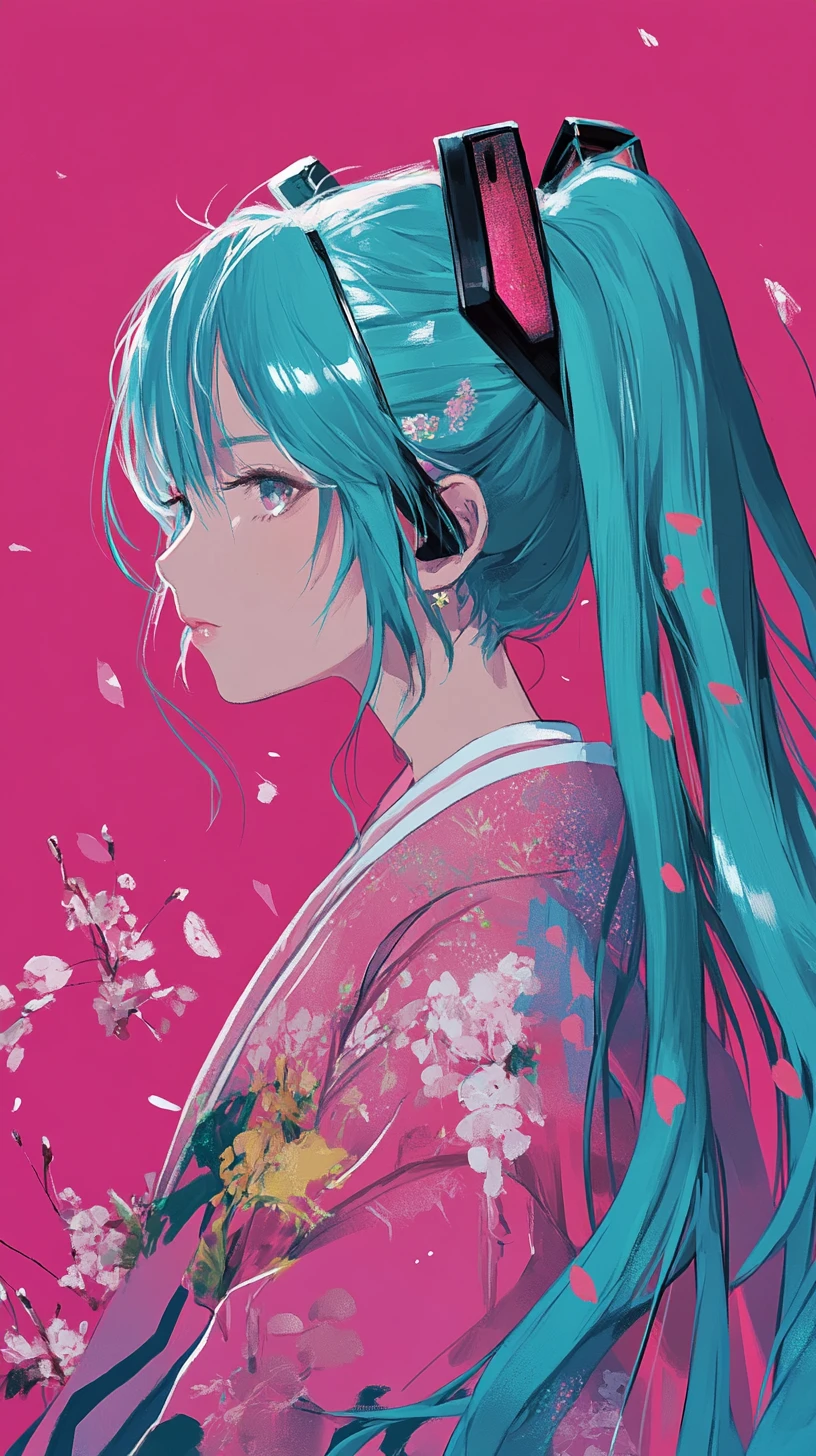 Femme anime en kimono rose avec couettes turquoises