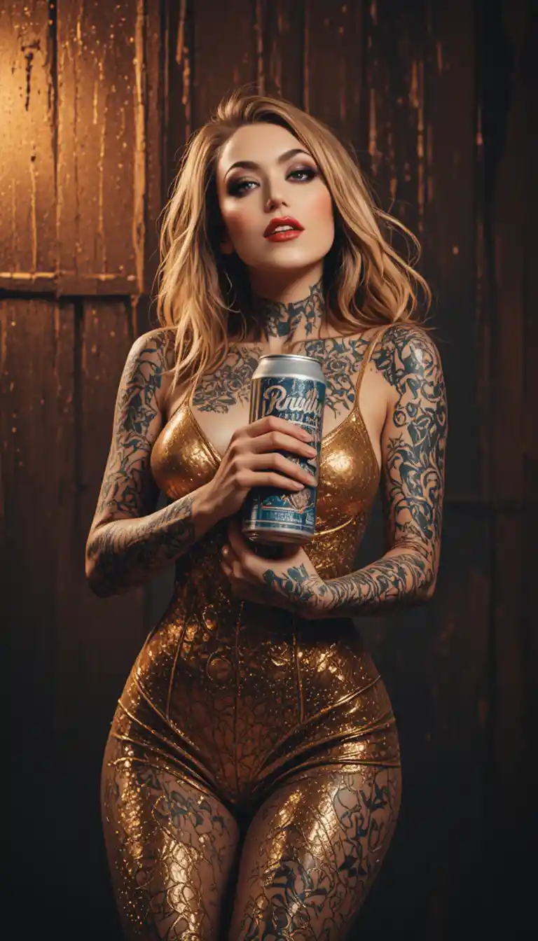Tattooed pin up model hugging a vintage beer can