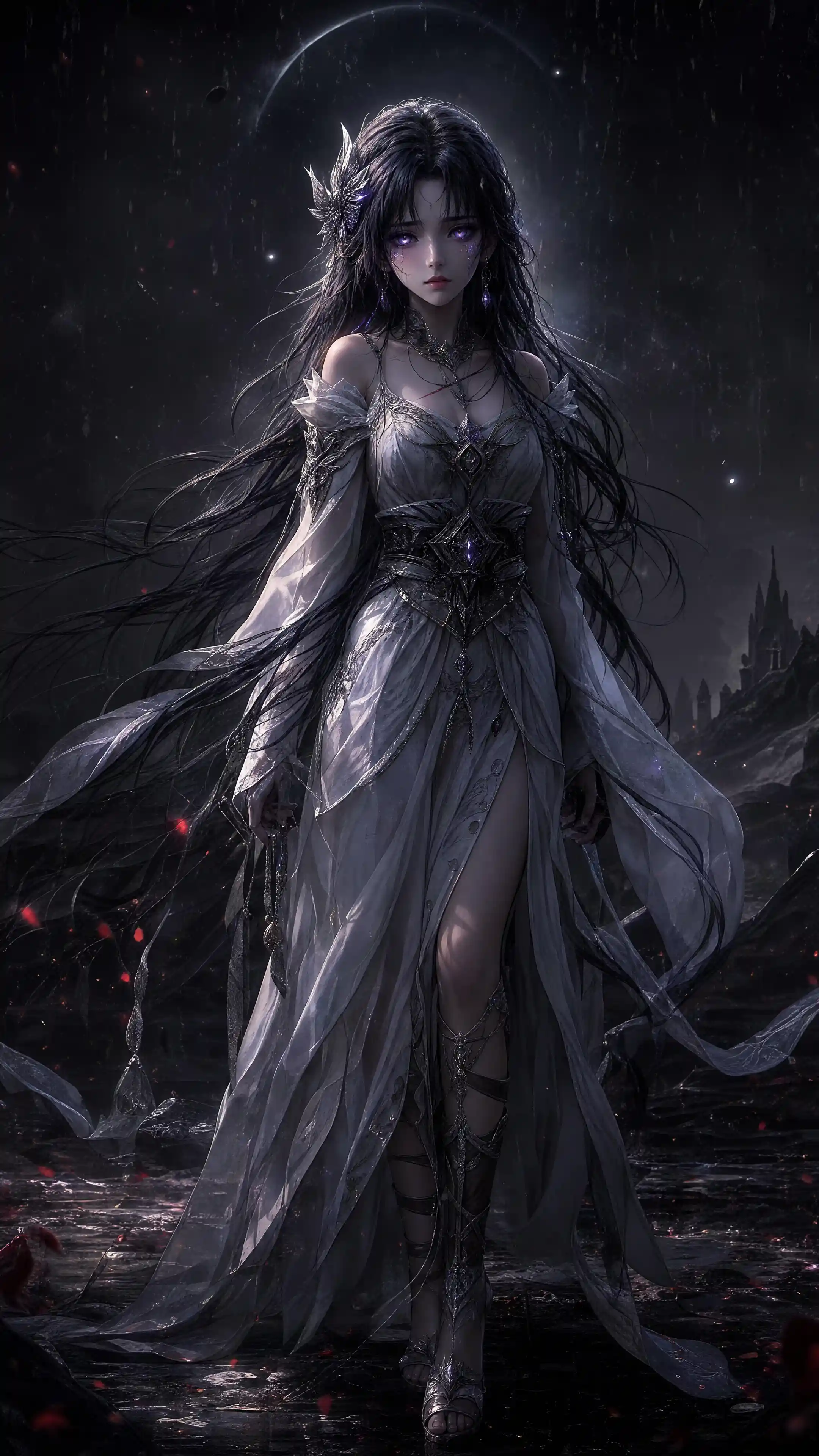 Sad 3D anime girl in glowing armor and flowing robe