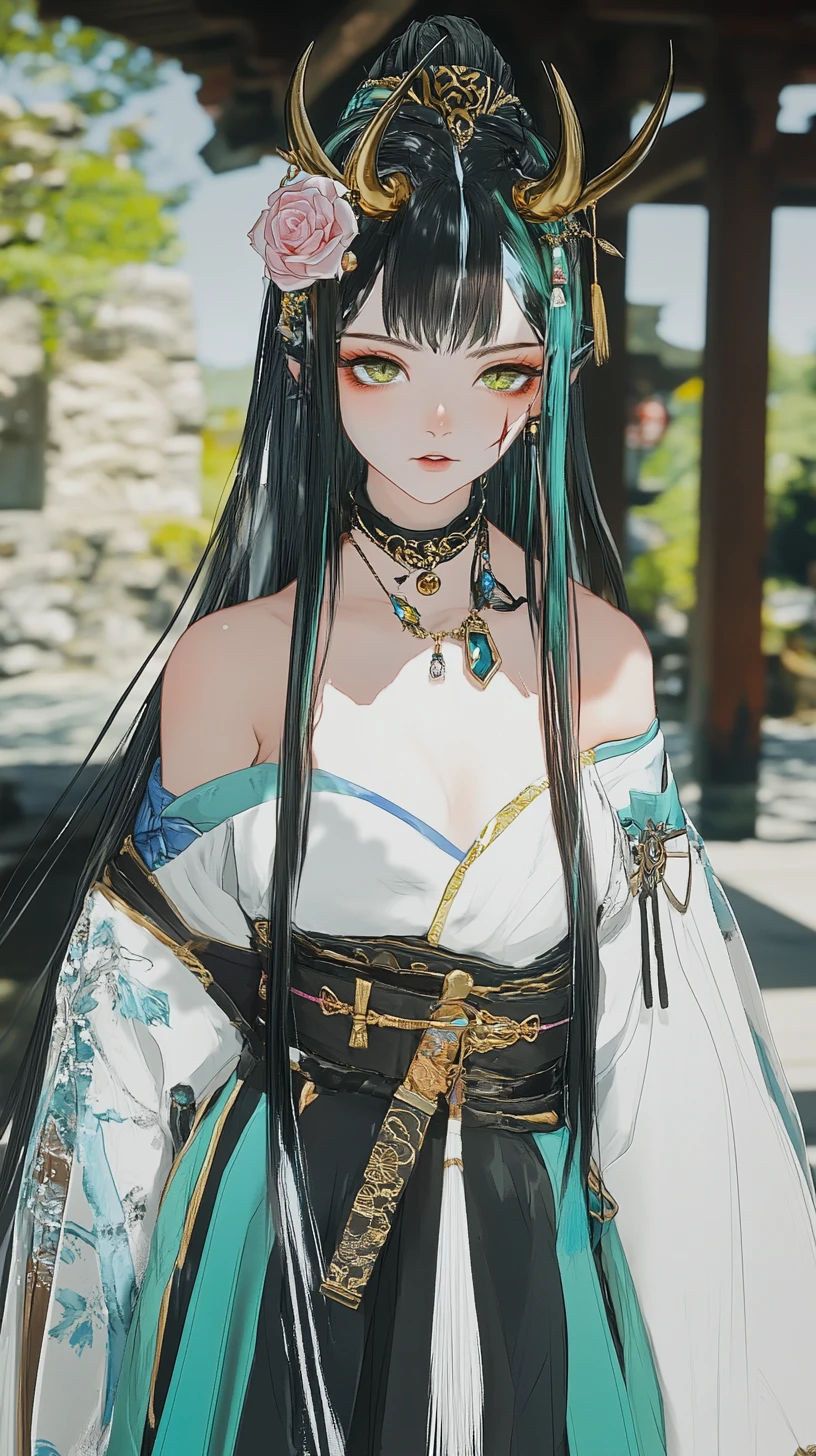 Sad horned girl in a golden green dress at a temple