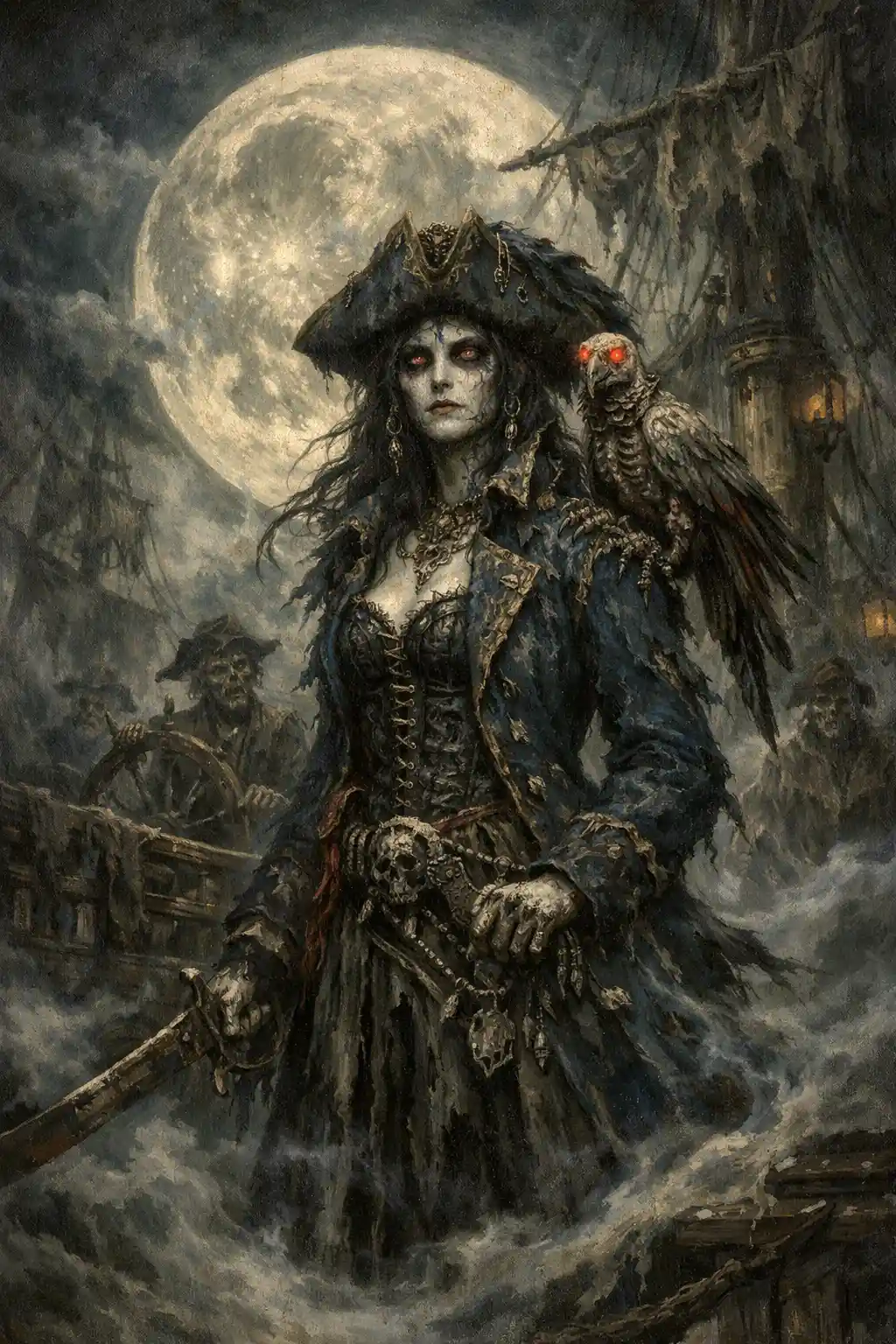 Undead Pirate Queen On A Ghostly Galleon At Midnight