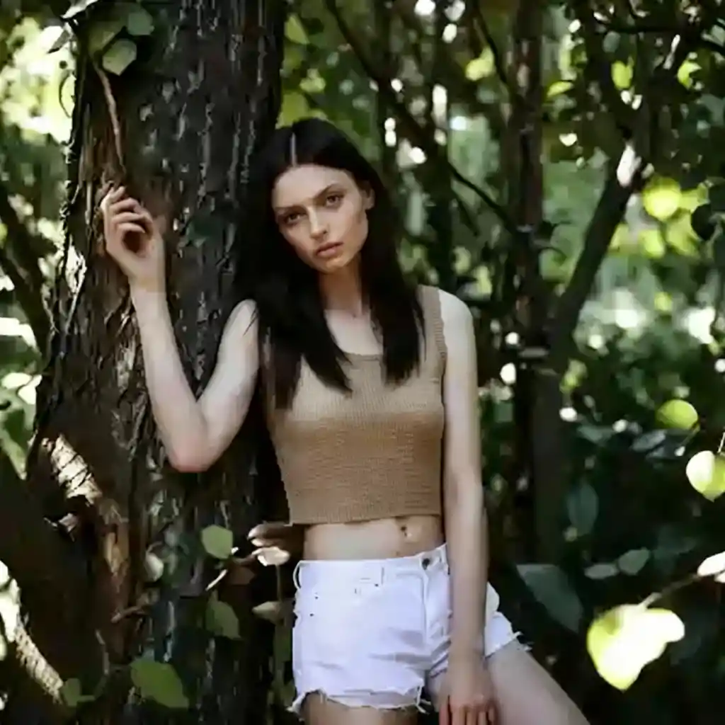 Young woman leaning on tree in soft forest light