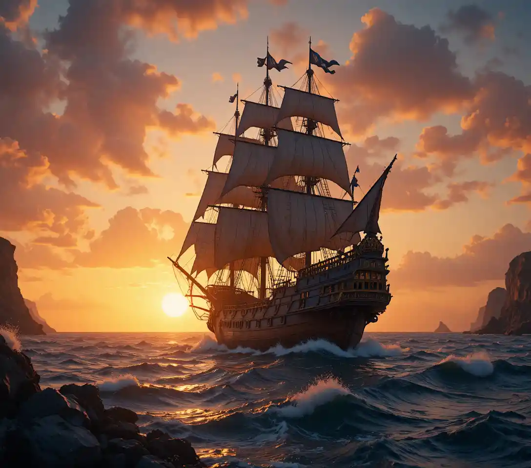 Majestic pirate ship sailing at sunset on rough sea