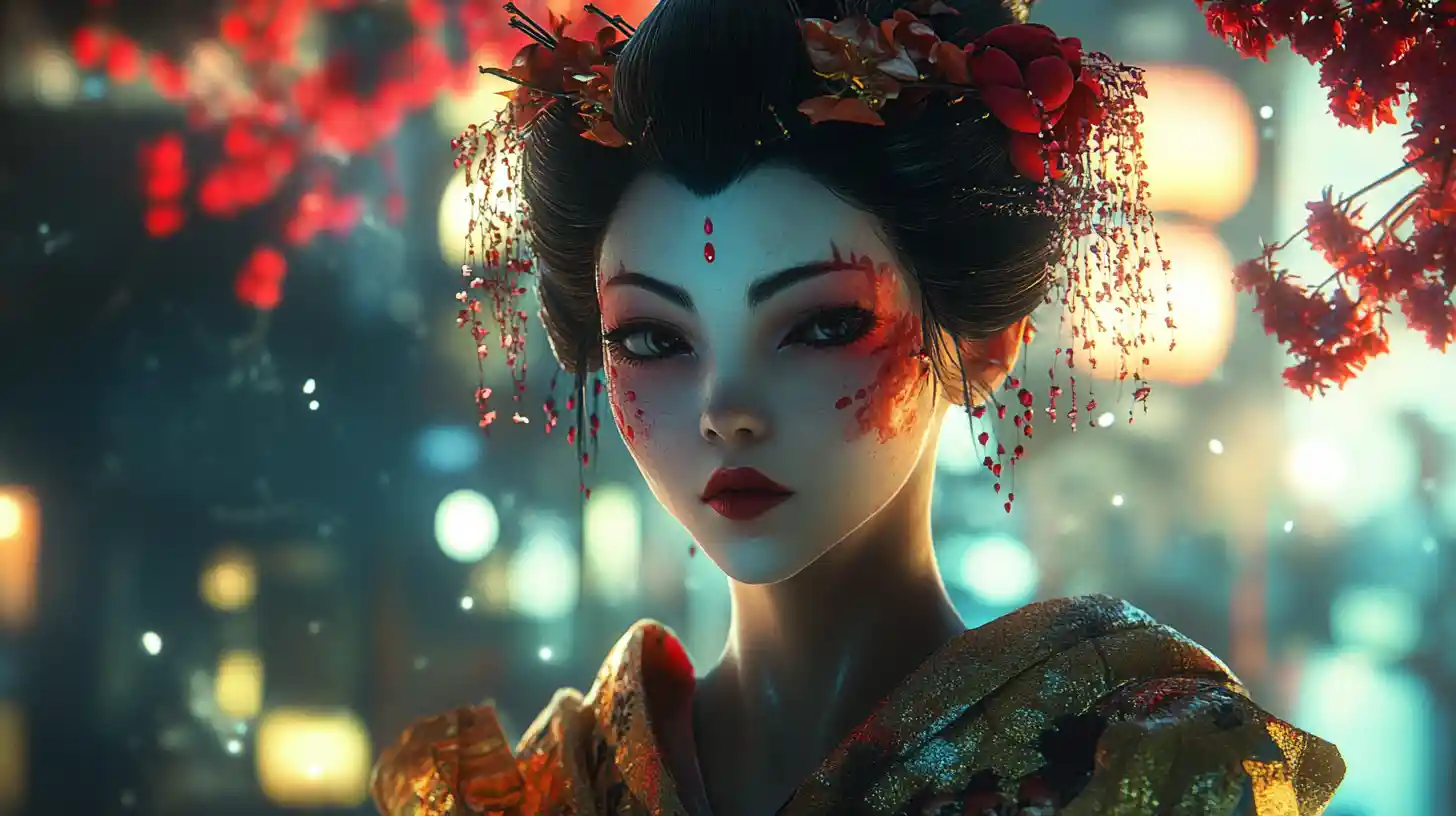 Surreal bio engineered geisha woman in a vivid alien scene