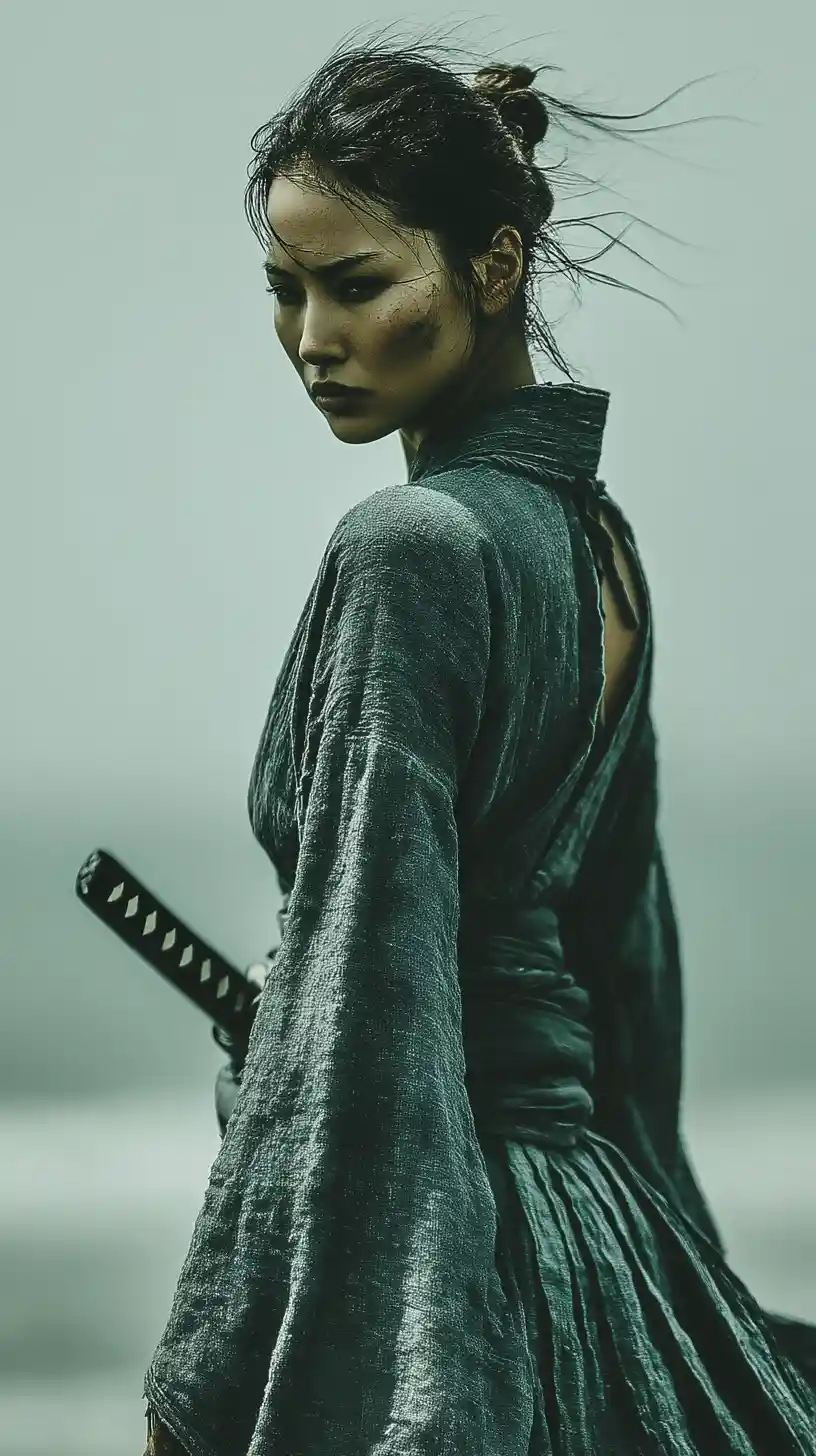 Woman warrior posing with Japanese sword in dramatic light