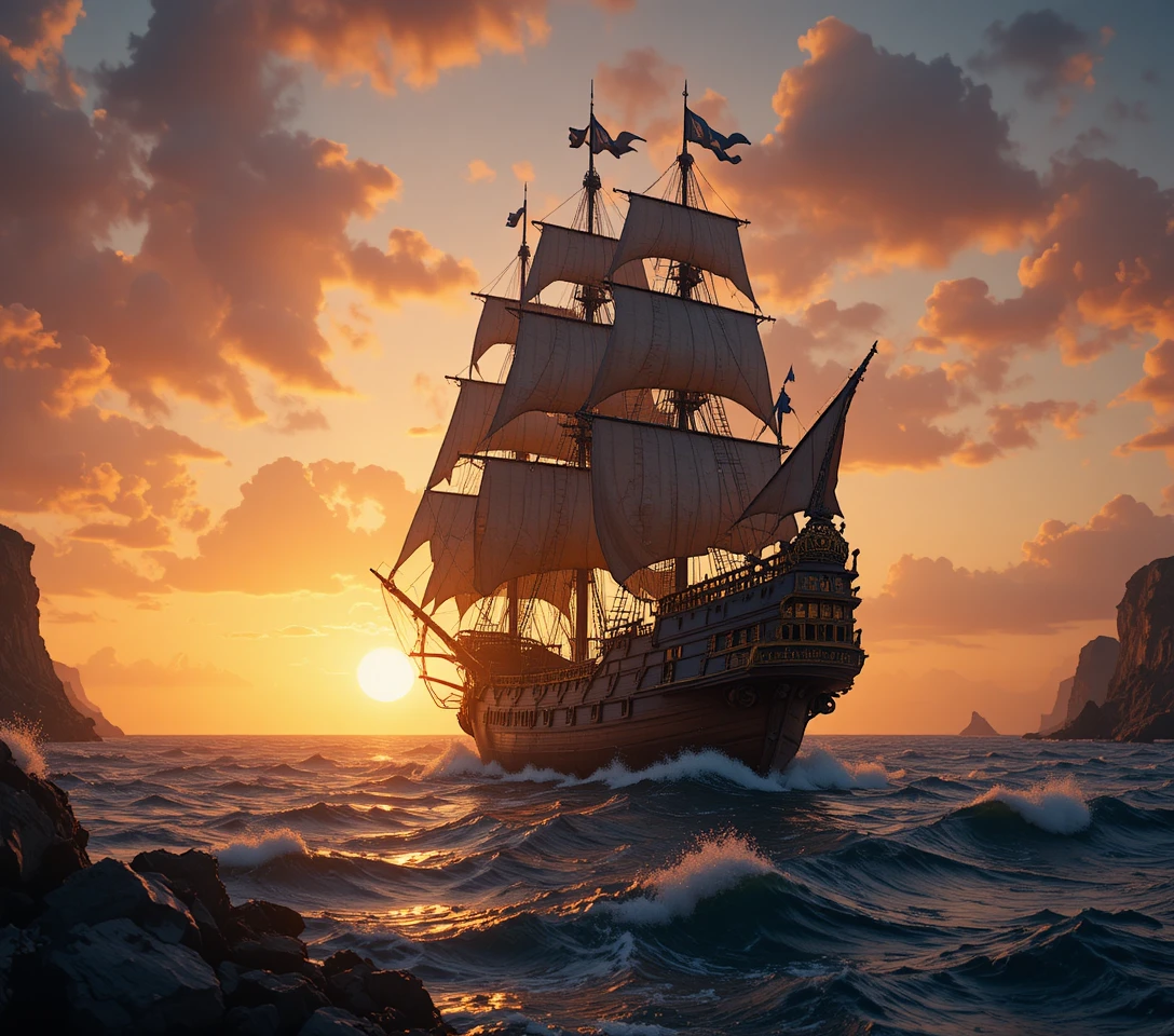 Majestic pirate ship sailing at sunset on rough sea