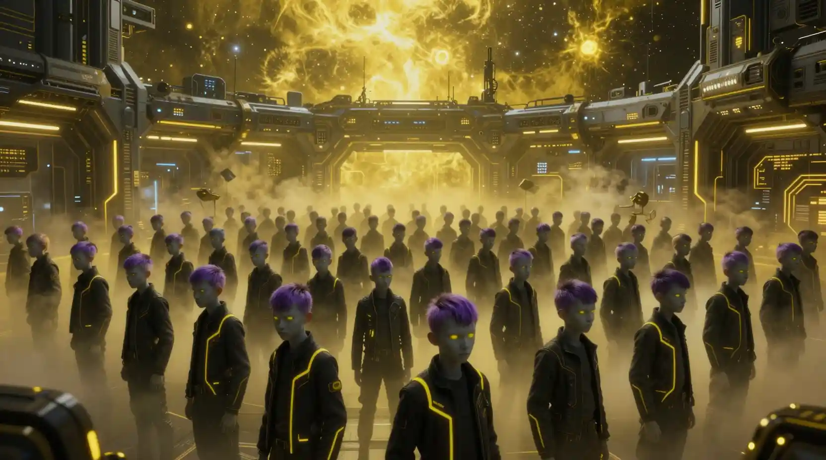Futuristic crowd of teenage boys in neon lit sci fi lab