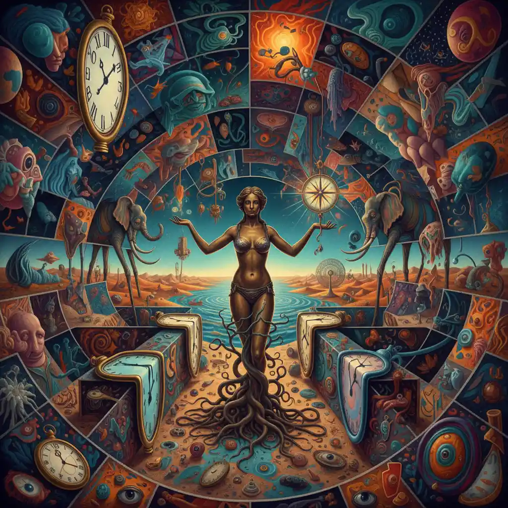 Surreal psychedelic maze with bronze bikini statue woman