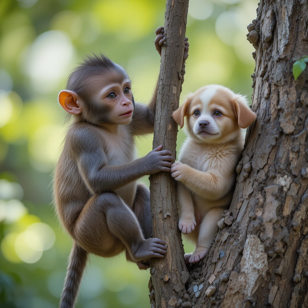 Young monkey and puppy helping each other climb a tree