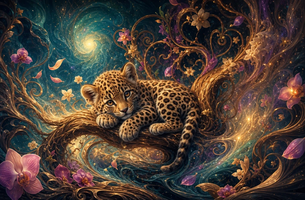 Baby leopard cub resting in a glowing surreal jungle