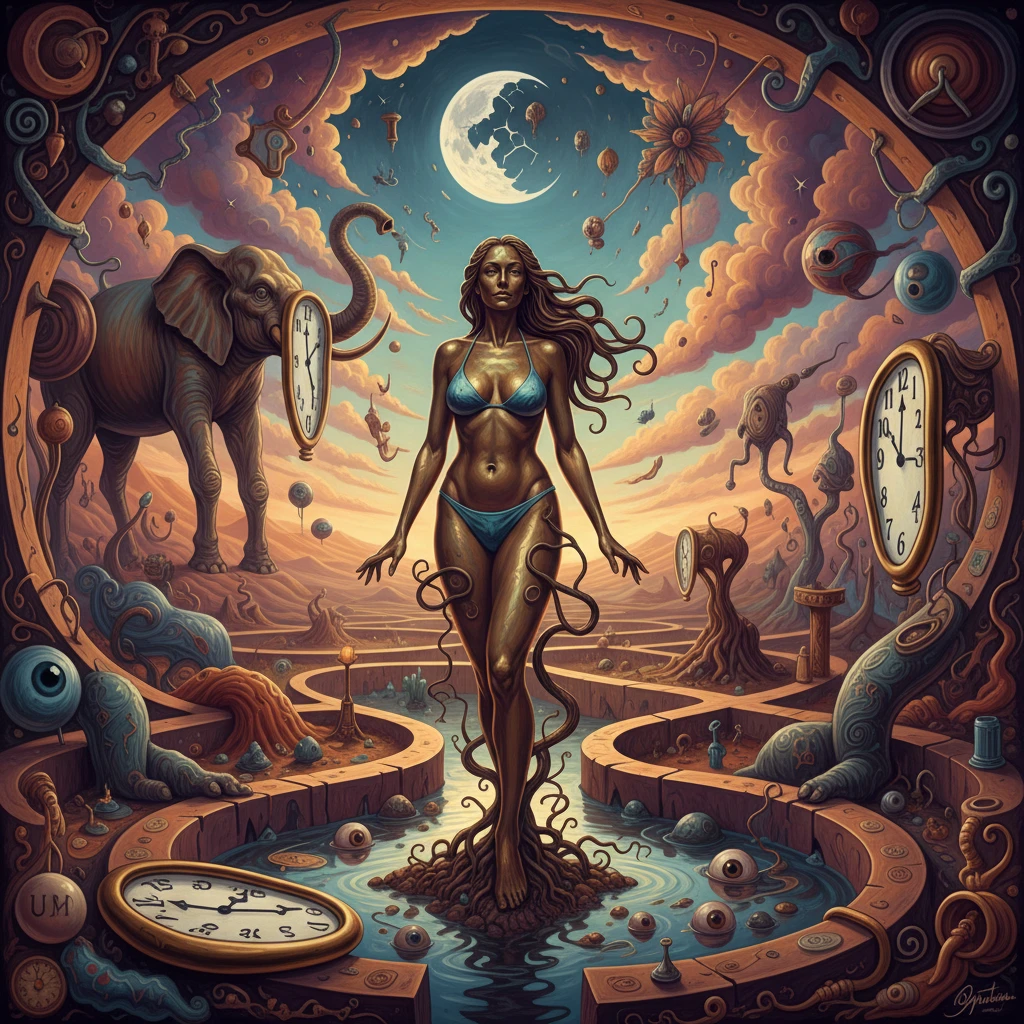 Surreal maze with bronze statue of a bikini clad woman