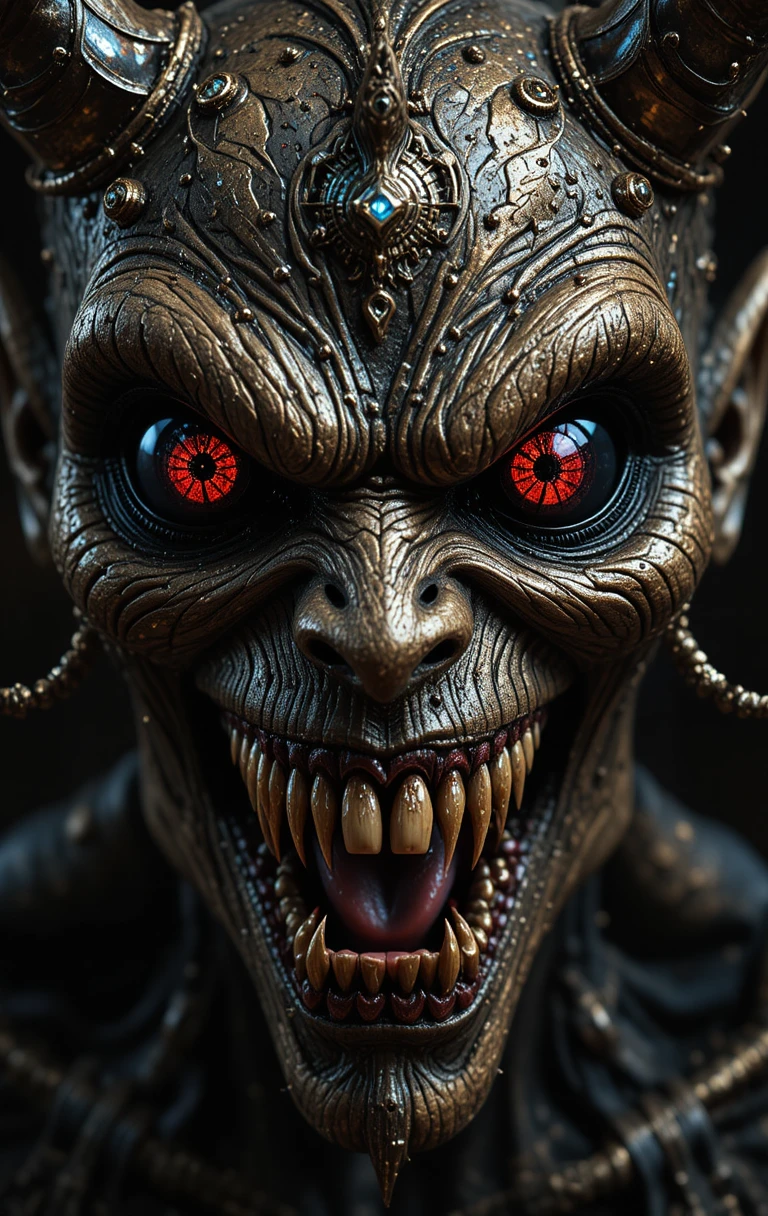 Dark demon with red eyes and sharp metal teeth