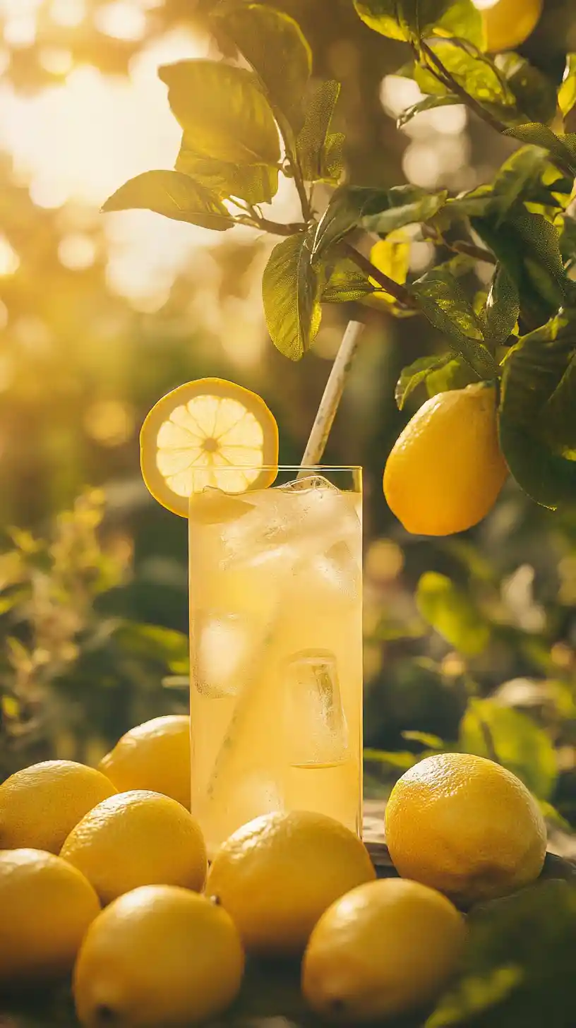 Glass of lemonade in a lush sunlit garden