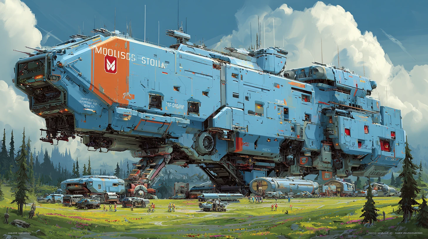 Gigantic modular cargo starship landed on lush green world