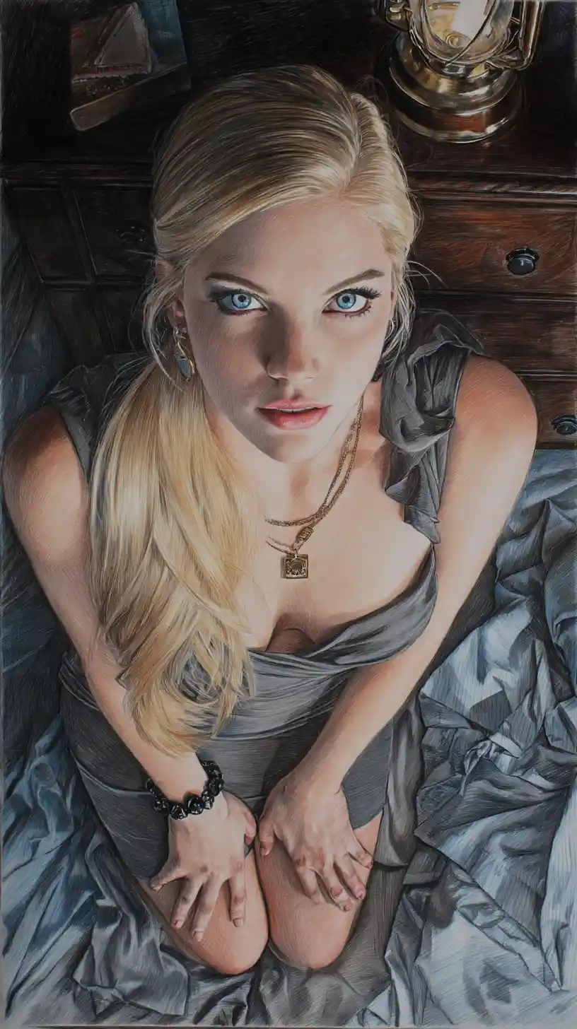 Blonde woman in grey dress posing confidently by the bed