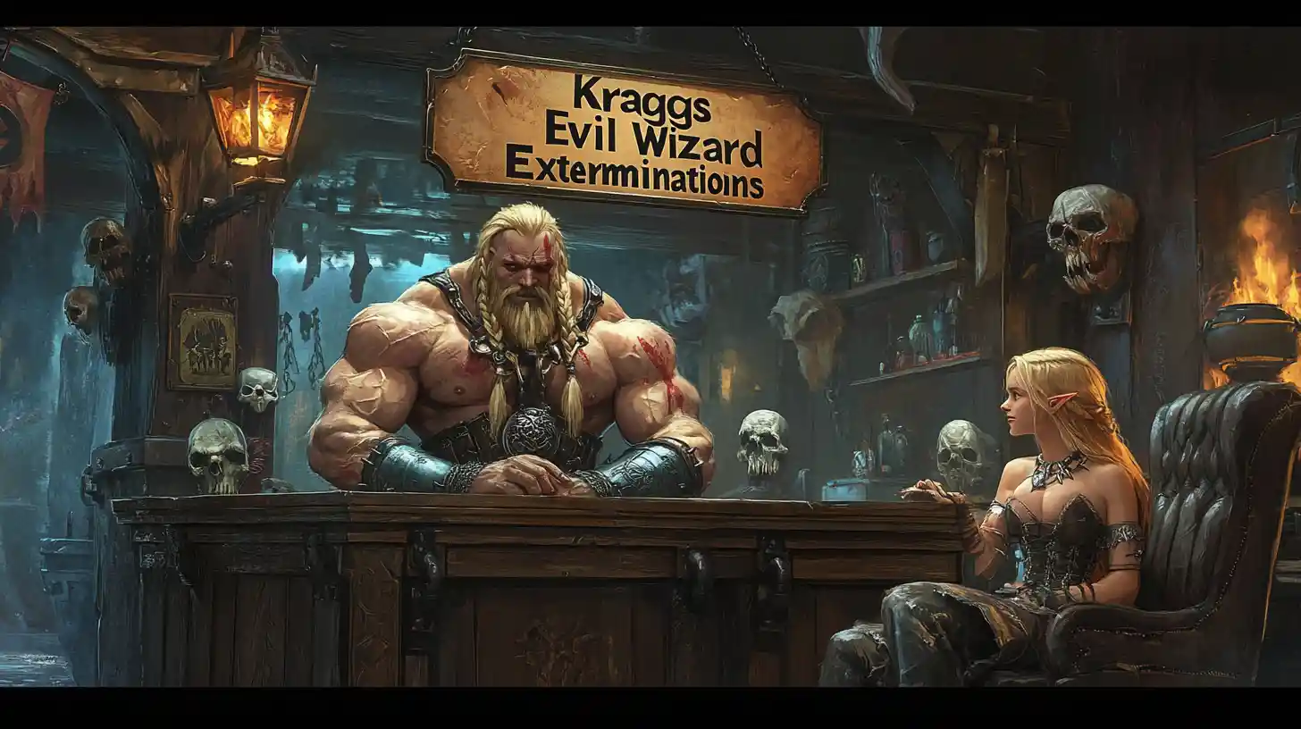 Muscular barbarian at a fantasy desk with warrior client