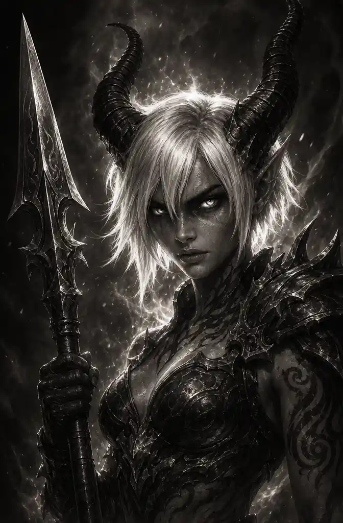 Ethereal horned warrior woman with spear in dramatic pose