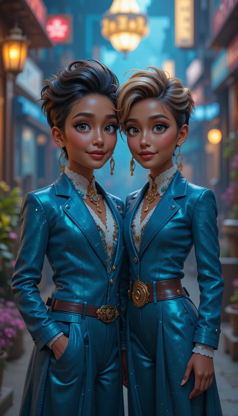 Human and Pixar style double portrait in urban fashion scene