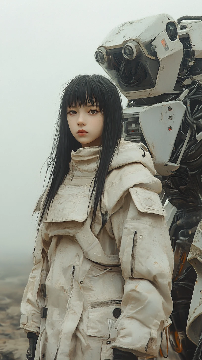 Girl in tactical coat with towering sci fi mech guardian