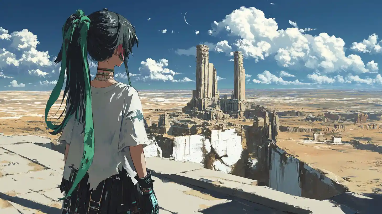 Anime girl on a ruined tower balcony under desert stars