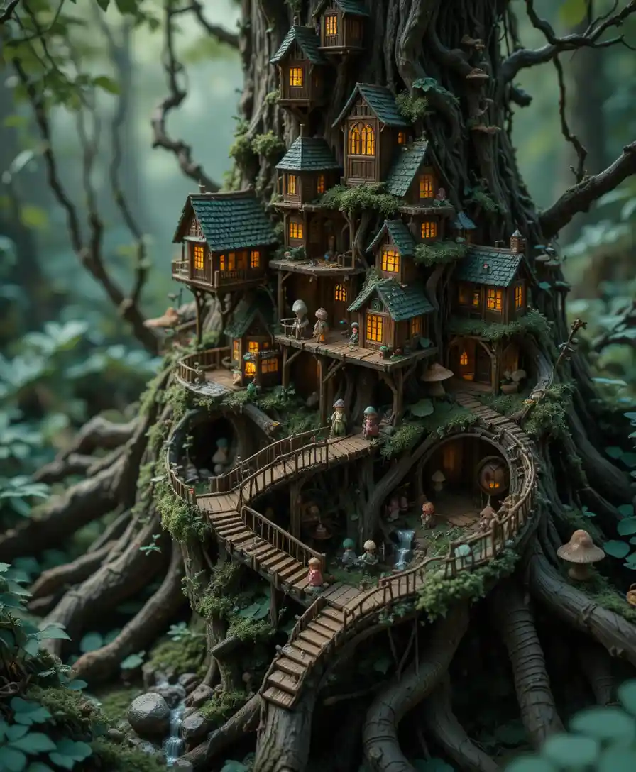 Miniature treehouse village in ancient forest roots