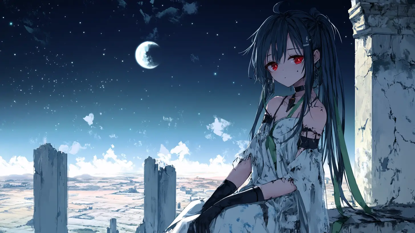 Anime girl on a tower balcony overlooking desert ruins at night
