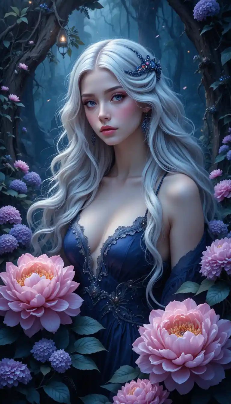 Silver haired goddess among blooming flowers in dark forest