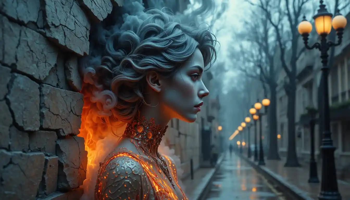 Surreal stone face emerging from cracked wall with smoke